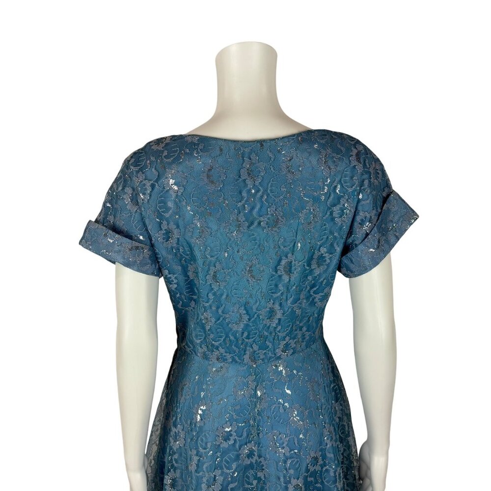 Vintage 50s Lace Dress Women's Small Blue Silver Cinderella Party Fit & Flare - Picture 11 of 11